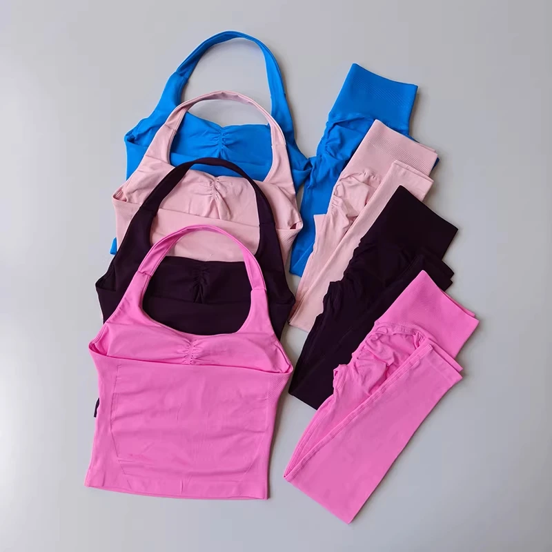 Sexy Halter Neck Beautiful Back High Waist Bras Leggings Suit Pilates Gathering Yoga Vest Training Fitness Bra Sets