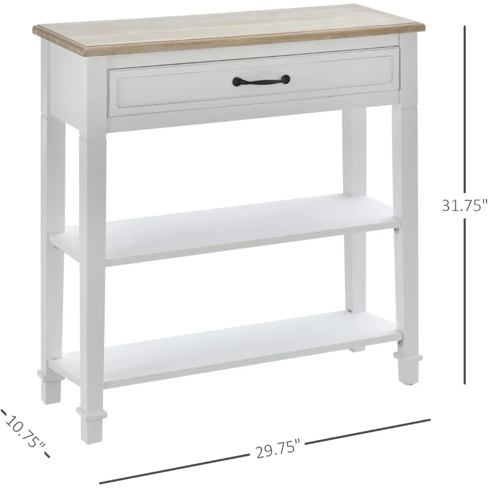 Modern Style Sofa Console Entry Hallway Table with Drawer and Shelves, Sturdy Build, and Large Storage, White