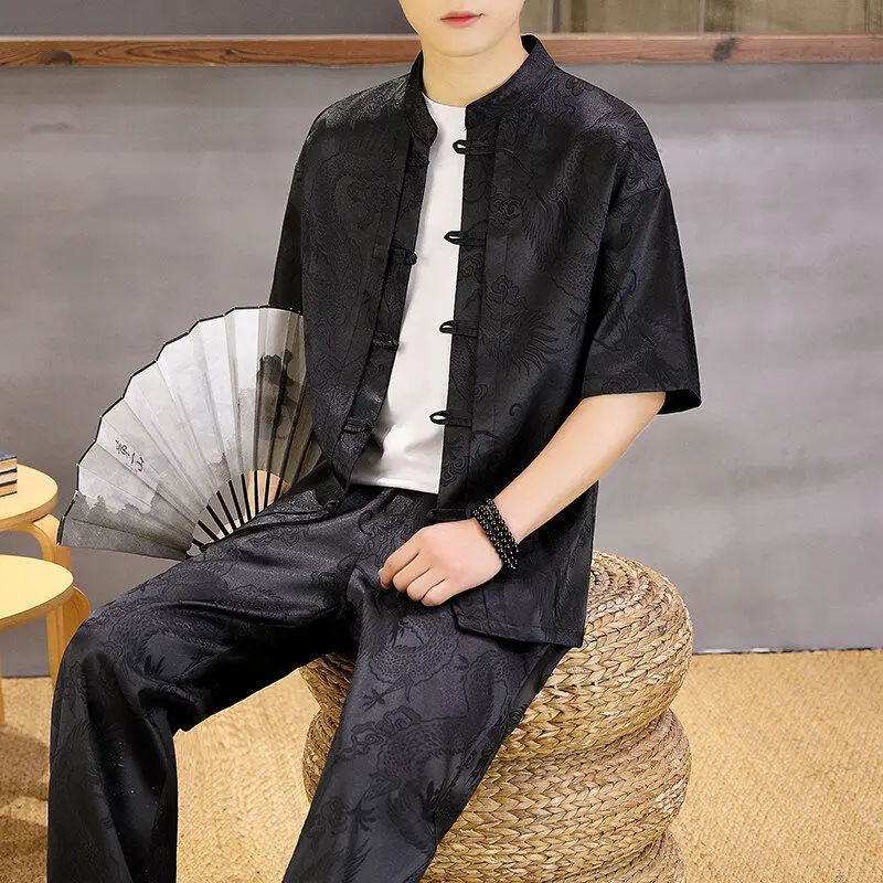 Men's Summer Loose Casual Dragon Print Short Sleeve Shirt And Pants Set Vintage Style Nine-Piece Pants Trendy Youth Wear