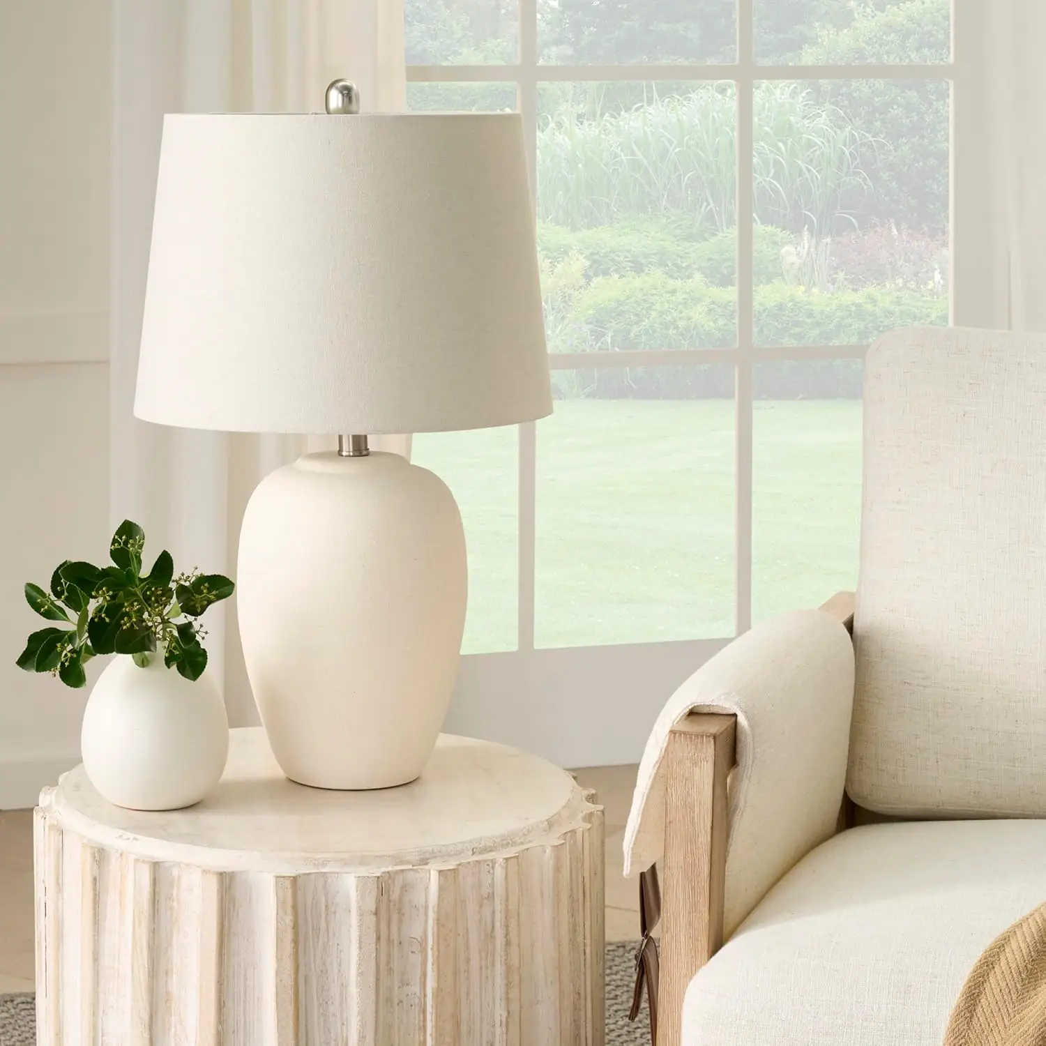 

Natural White Ceramic Table Lamp for Bedroom Living Room with Off-White Shade