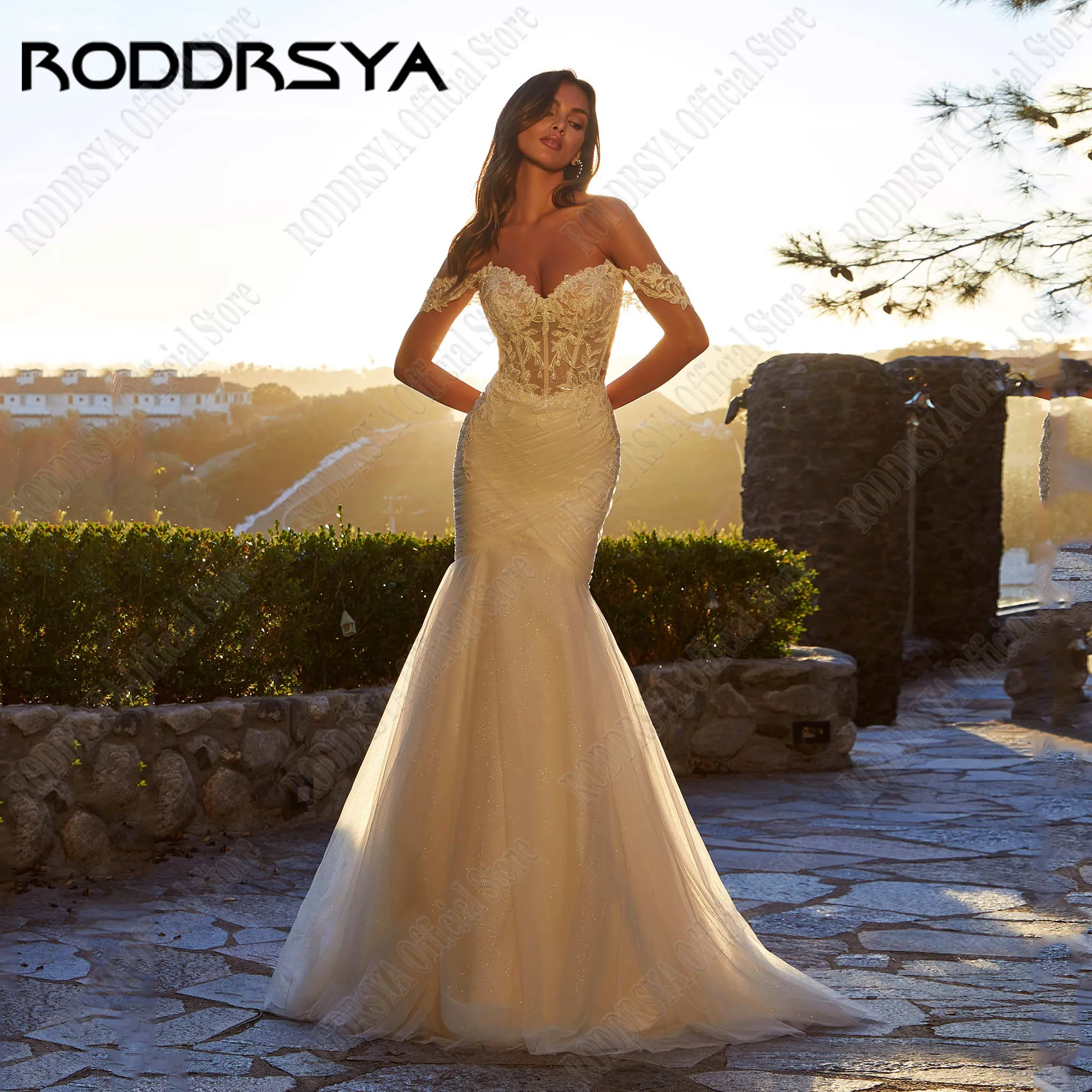 

RODDRSYA Mermaid Strapless Wedding Dress Off Shoulder Illusion Back Luxury Bride Gowns For Woman Applique Lace Vestidos De Novia