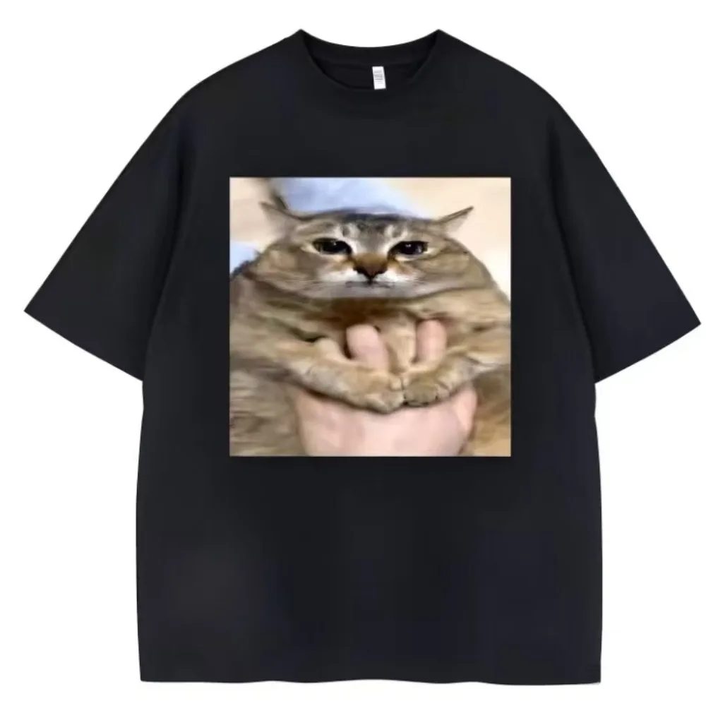 Funny Meme Cat Graphic T-Shirt, Hand Held Tabby Cat & Glasses Cat Print Casual Crewneck Short Sleeve Tee, Aesthetic Streetwear