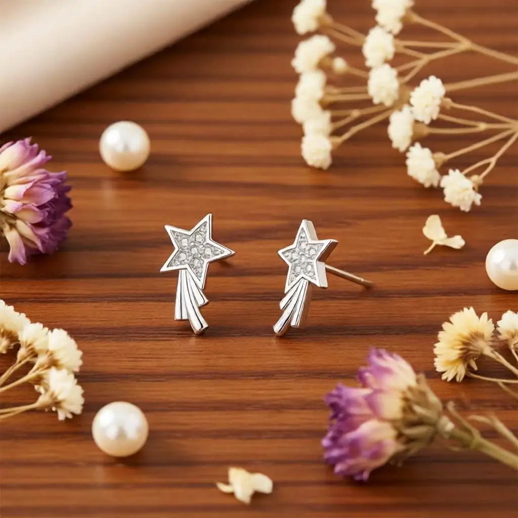 Delicate 925 Sterling Silver Five-Pointed Star Meteor Crystal Zircon Stud Earrings for Woman Girls Engagement Party Jewelry Gift