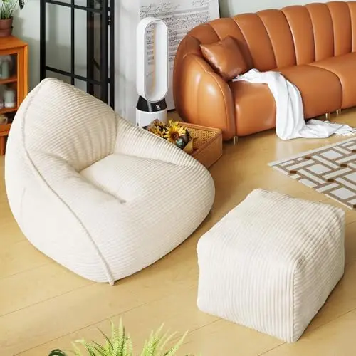 Cloud Large Bean Bag Chair with Ottoman, Corduroy Fabric+35D Memory Foam Big Beanbag Chair for Adults,Lounger Chairs