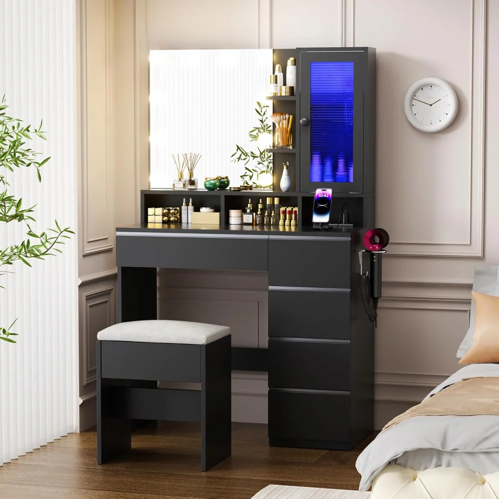 

Vanity, Vanity Desk with Mirror and Lights with Stool, LED& 1 RGB Lighting Cabinet and Power Outlet Makeup Vanity Table