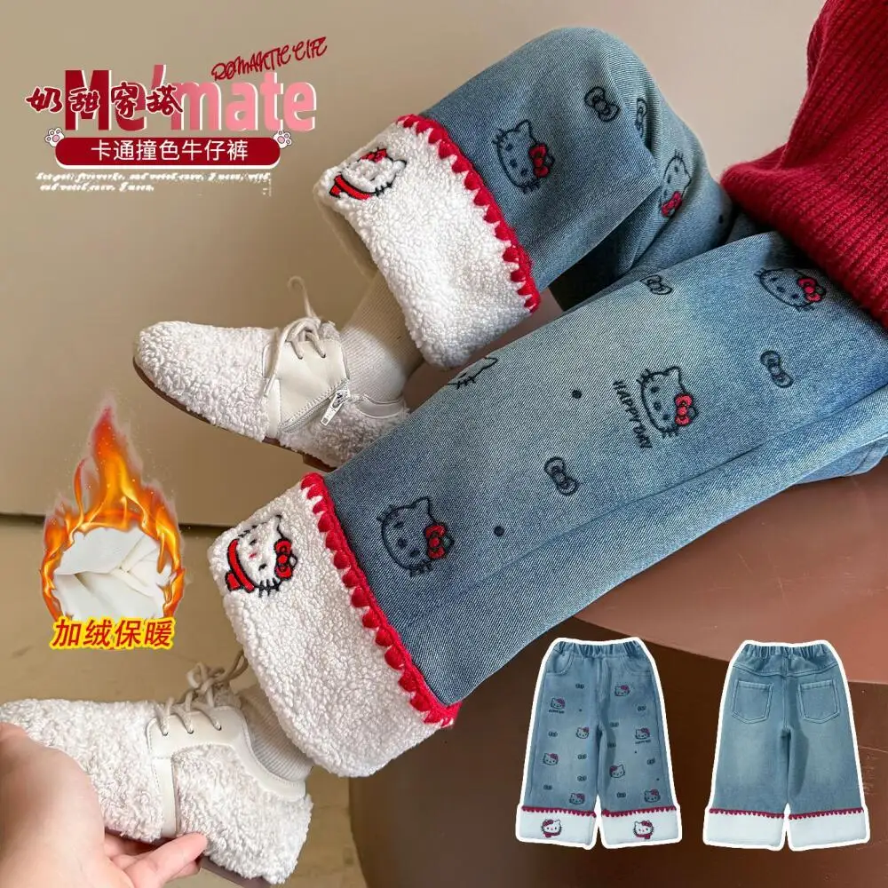 

New Hello Kittys Girls Jeans Velvet Kawaii Cartoon Autumn Winter New All-In-One Velvet Straight Pants Leisure Keep Warm Thicken