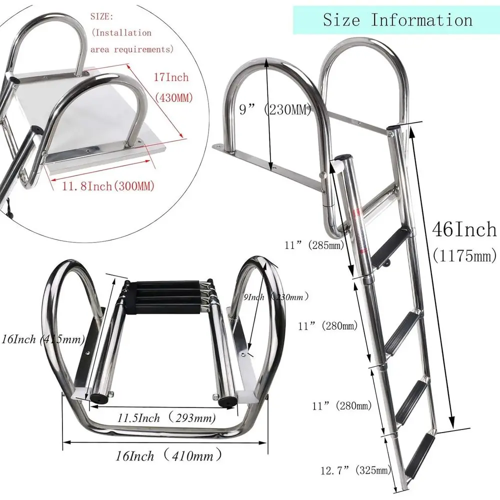 Telescoping Rear Entry Inboard Ladder, Heavy Duty Custom Swim Deck Ladder with Wider Pedal and Handrails (4 Steps)
