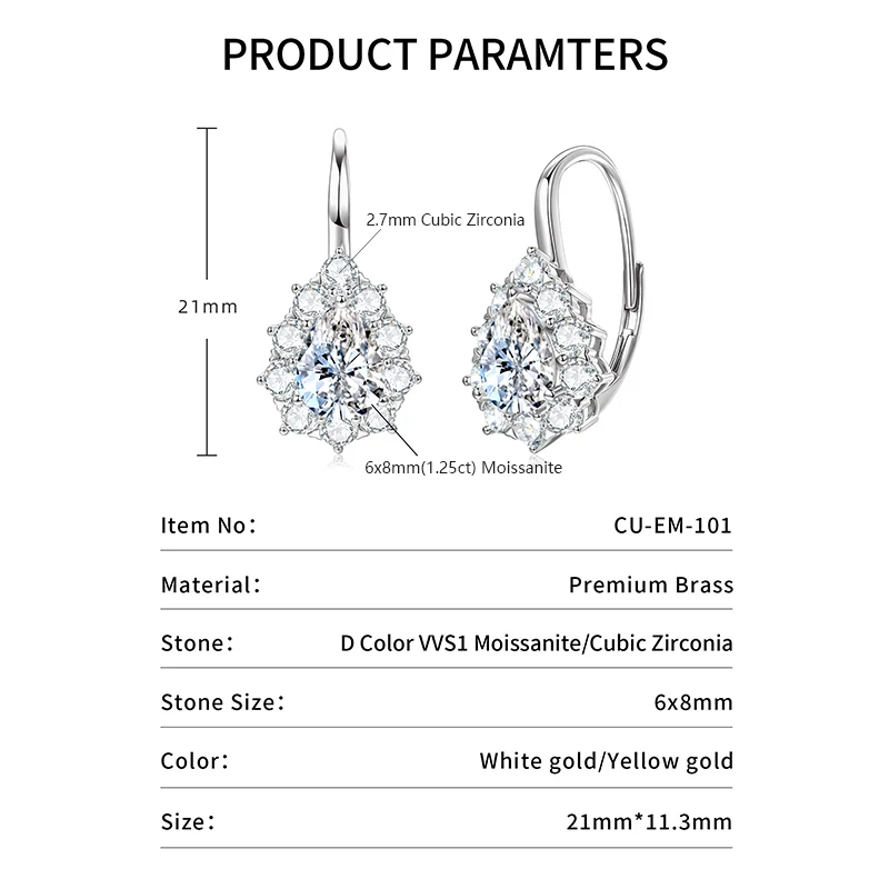 Celestinova 6x8mm D VVS1 Pear Cut Moissanite Halo Snowflake Leverback Drop Earrings for Women Bridal Wedding Jewelry Luxury Gift