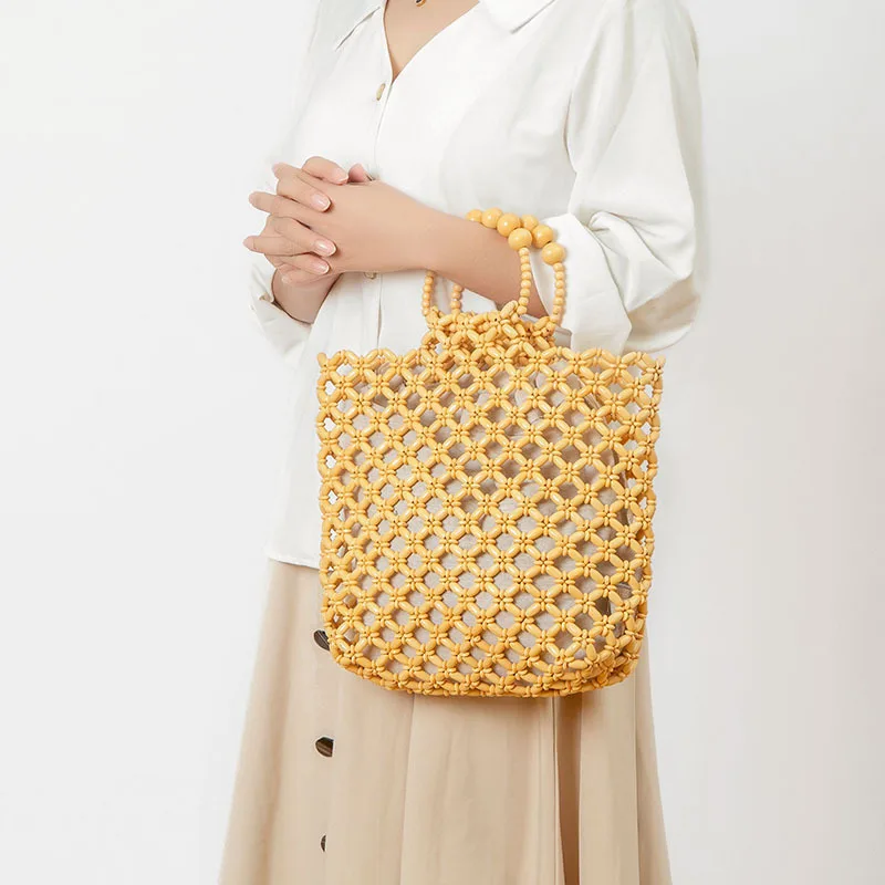 Pure Handmade Weaving Summer Niche Design Skeleton Commuter Wooden Beads Women's Bag