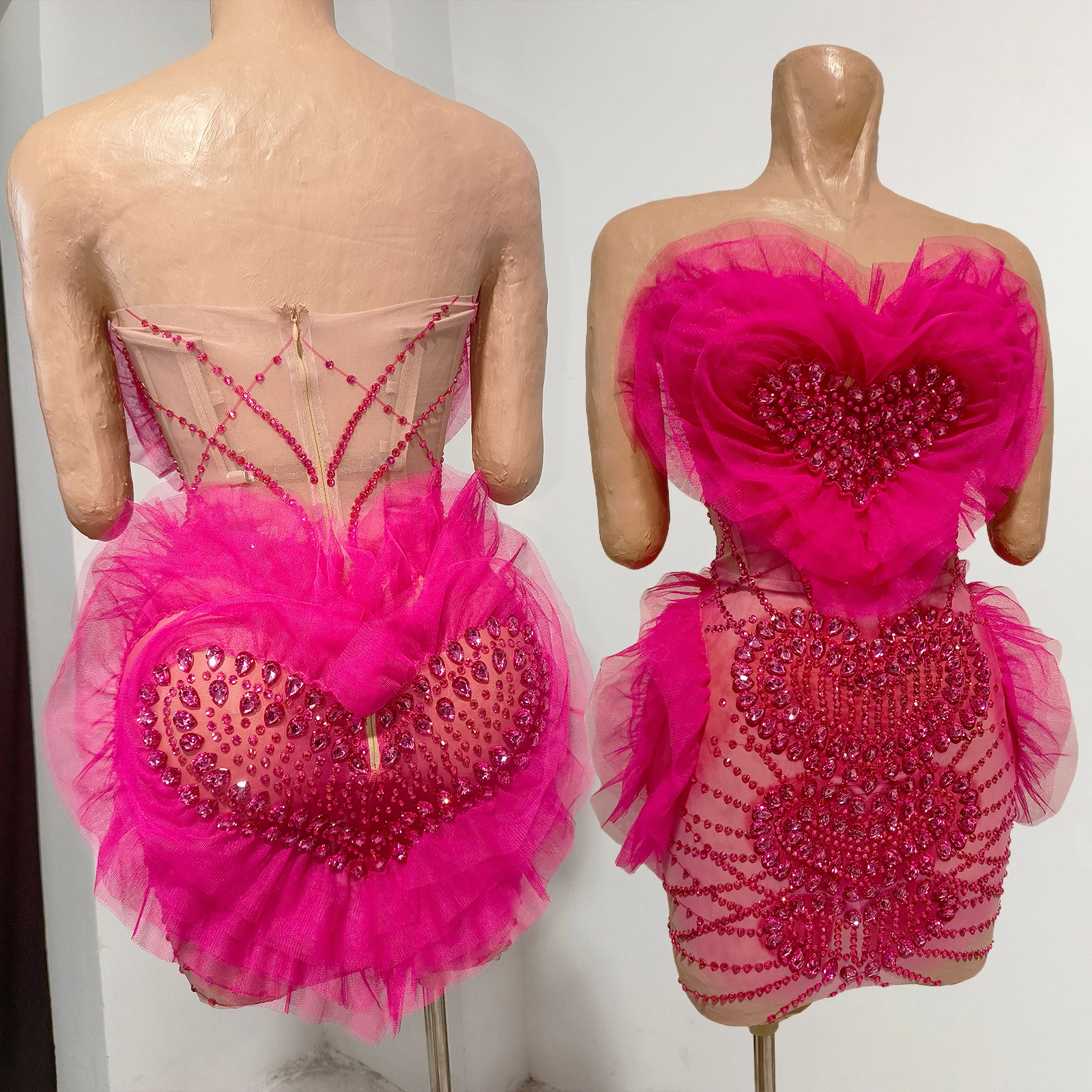 Crystals Stones Sequins Skirt Mesh Stretch Dance Long Sleeves Dress Evening Birthday Celebrate Stage Wear Performance Drag Queen view 3