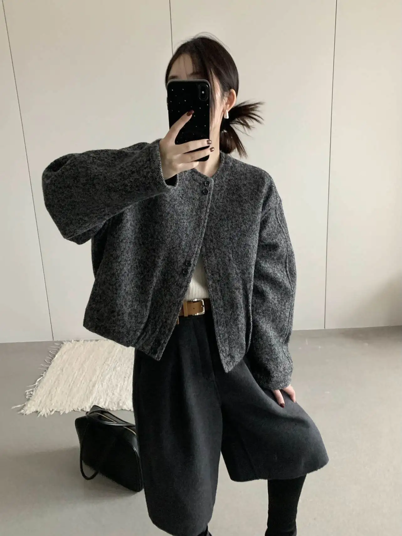 

Simple round Ne Woolen ort Jaet Cotton Lined Autumn Winter Outerwear Faionable Korean Sle Versatile Youth Women's Coat