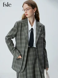 FSLE Blue Grey Temperament Plaid Suit Sets Notched Collar Double Placket Design Stright Blazers Long Pleated A-LINE Women Skirts