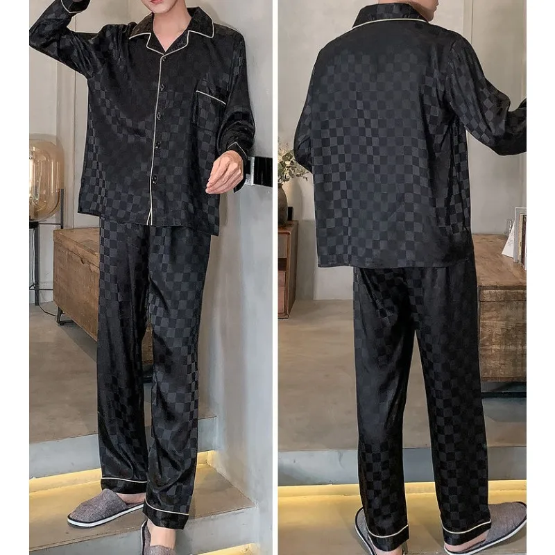 Ensemble de pyjama à manches longues pour hommes et adolescents, vêtements de nuit minces, pantalons de glace, mode printemps et automne, vêtements