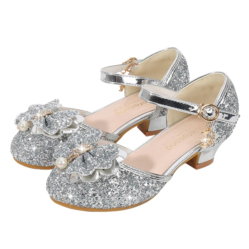 Spring New Sequin Bow Sandals Children Package Head Princess Shoes Little Girls Fashion High Heels Children's Dance Single Shoes