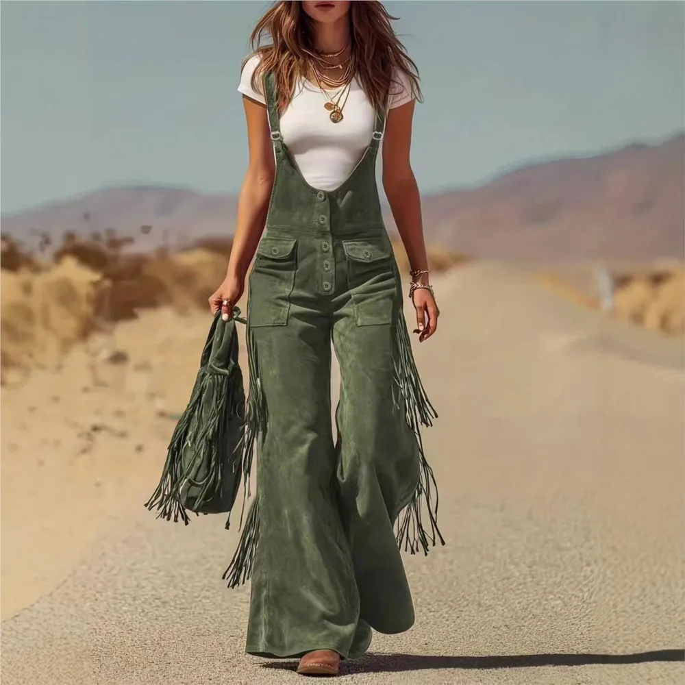 Women's Fashion Retro Western Tassel Wide Leg Jumpsuit 2026 New Casual Pocket Straps Female All-Match Rompers