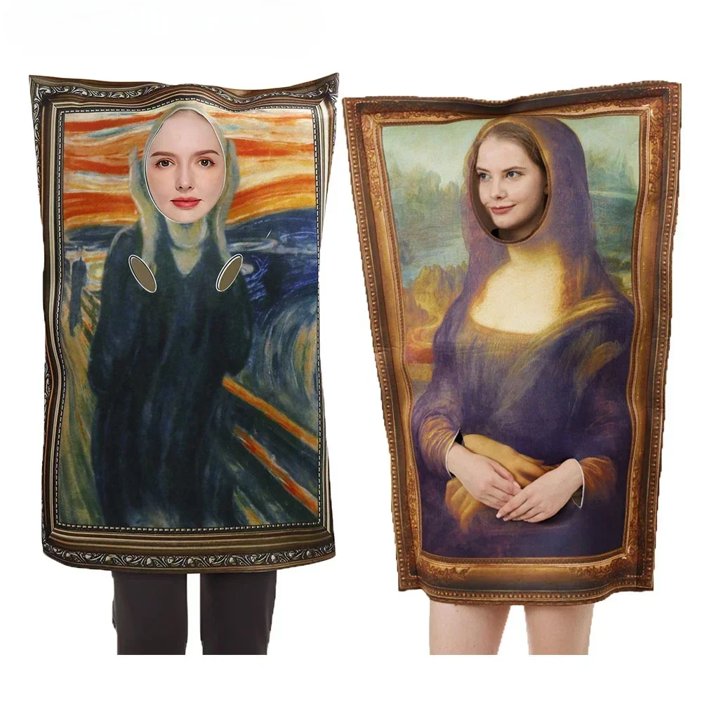 Adult Kid Mona Lisa Mural Costumes Props Halloween Unisex Cosplay Funny The Scream Mural Dress Up Performance Clothing