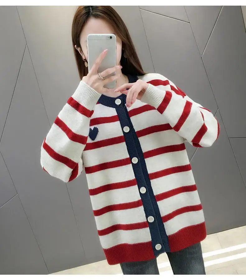 Striped color patchwork knit sweater for women cardigan loose outer wear autumn winter sweater jacket knitted