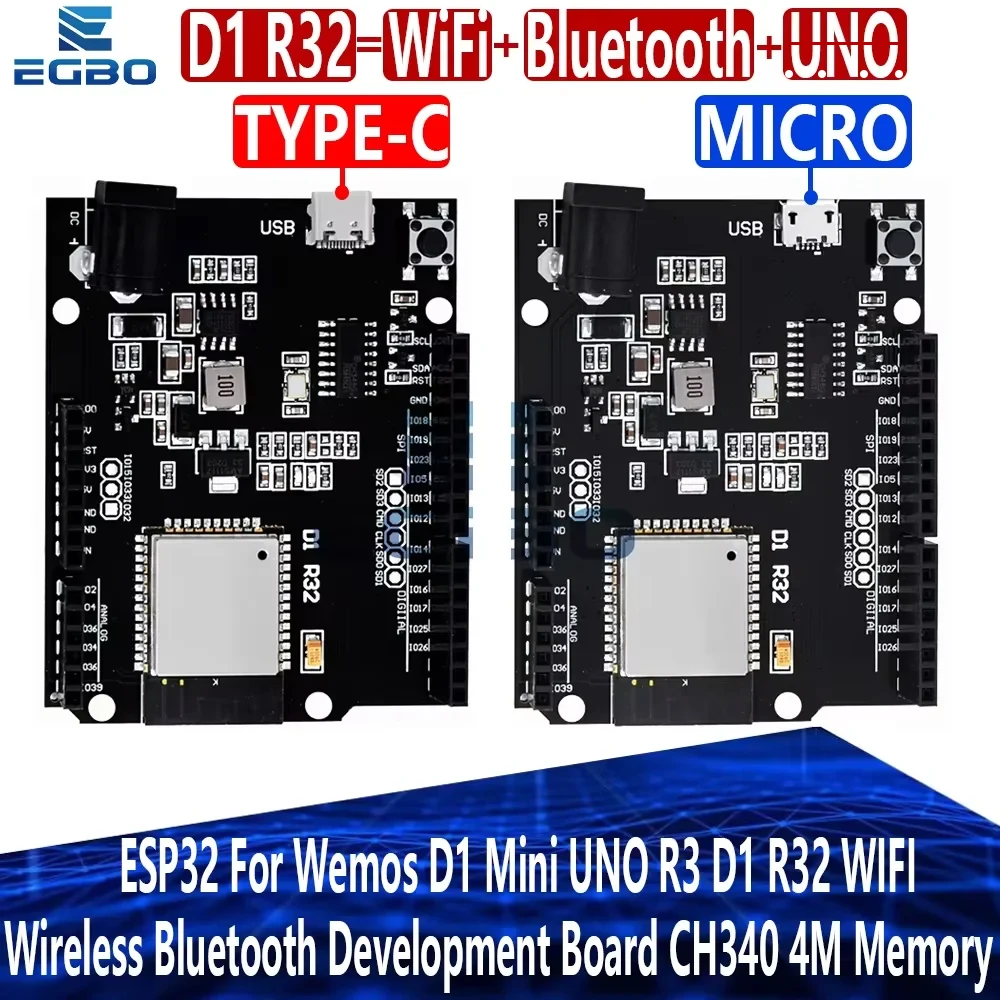 Wemos D1 R32 ESP32 IoT Development Board with 2.4GHz WiFi & Bluetooth 4.2 BLE Dual - Mode, 4MB Storage for Smart Devices