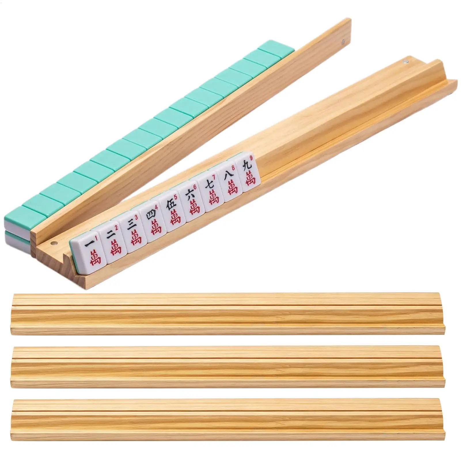 Wooden Mahjong Racks with Built-in Pushers 4Pcs/set Non-Slip Mahjong Tile Holder Set for Home Travel Game Night Party