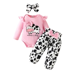 0-18 Months Newborn Baby Girl Clothes Outfits Cute Cow Letter Tops Long Sleeve Bodysuits Elastic Waist Trousers with Hairband