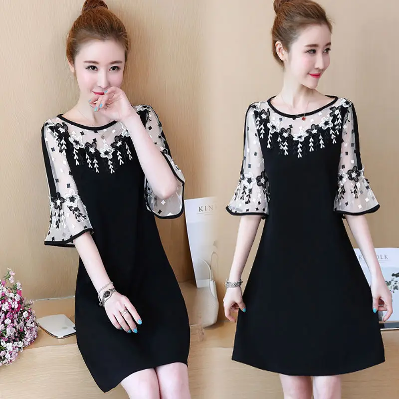 Summer New Embroidery Black Loose Mini Dress O-neck Plus Size Solid Color Elegant Ladies Dresses Vintage Fashion Women Clothing