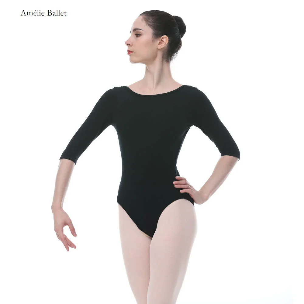 01D0202 Free Shipping Adult Dance Letoards Black Mid-sleeved Leotard Low Back leotard for Women Ballerina Practice Clothes