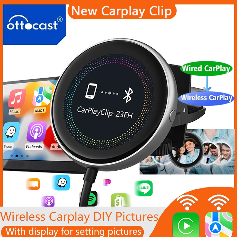 Ottocast CarplayClip Wireless Carplay Adapter Fast Connect No Delay Diy Photo With Display Car Aromatherapy for Wired Carplay