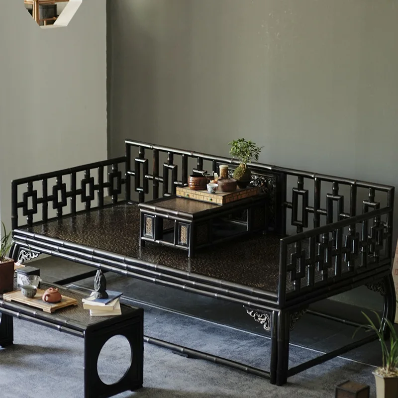 Ming-style Arhat bed, bamboo handmade, antique Zen chair, Chinese meditation classical bamboo couch