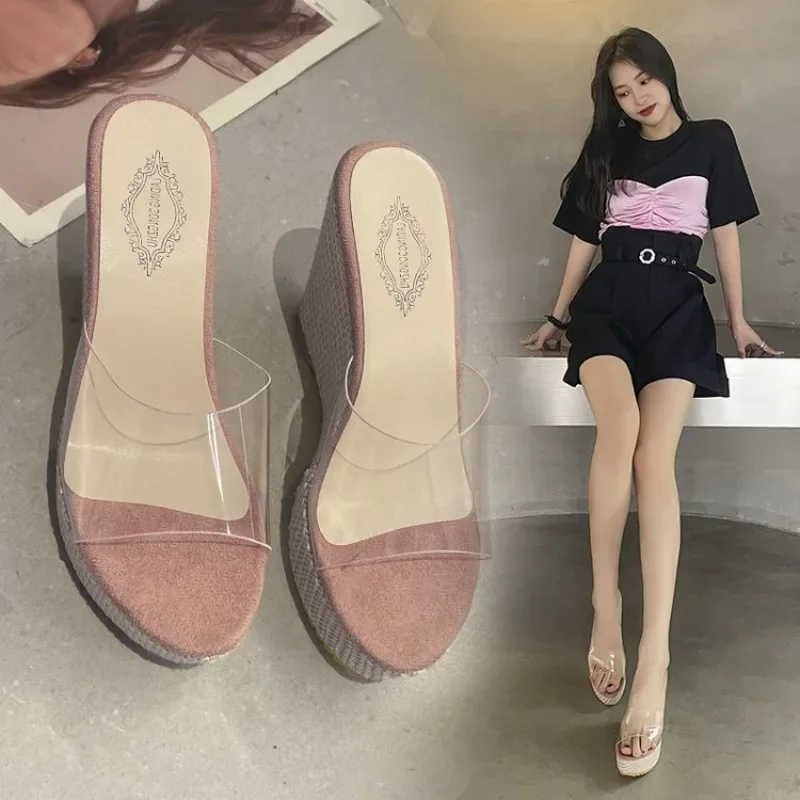 Summer new fashion casual high heels slippers female transparent wedge Korean version sandals women shoes