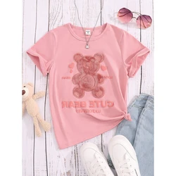 Kids Girls Clothes Short Sleeve Teens Tshirt Summer Casual Fashion Spuer Cute Pink Cute Bear Children Tops 8 9 10 11 12 Years