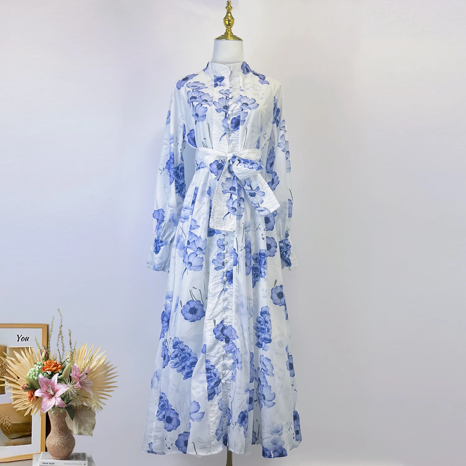 

Gorgeous Flower Holiday Dress Women Stand Long Lantern Sleeve High Waist Belt Single Breasted Floral Print Maxi Robe Vestidos