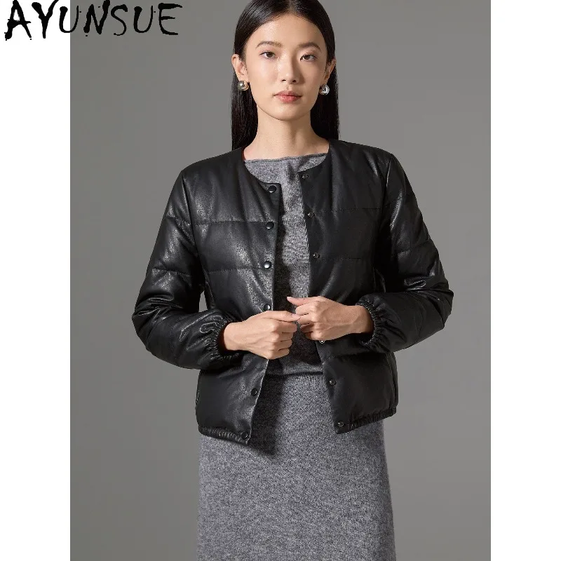 AYUNSUE Real Leather Down Jackets for Woman 2026 Short O-neck Women Winter Coat Warm Black Jacket Woman Clothes пальто женское