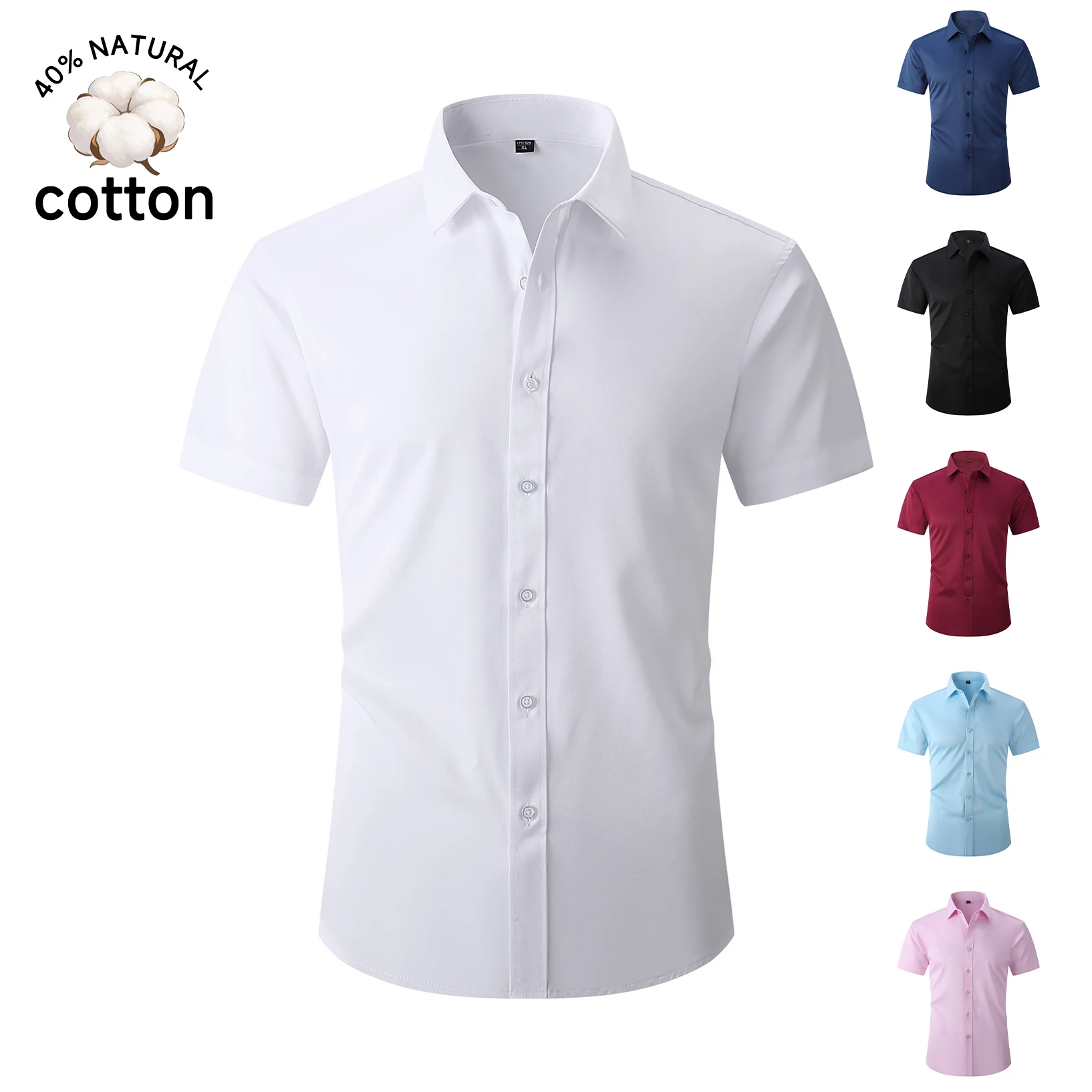Camisa de Vestir de Manga Corta de Algodón para Hombre, Color Sólido, Formal, para Negocios, con Botones, Corte Regular, para Oficina, Fiesta, Uso Diario