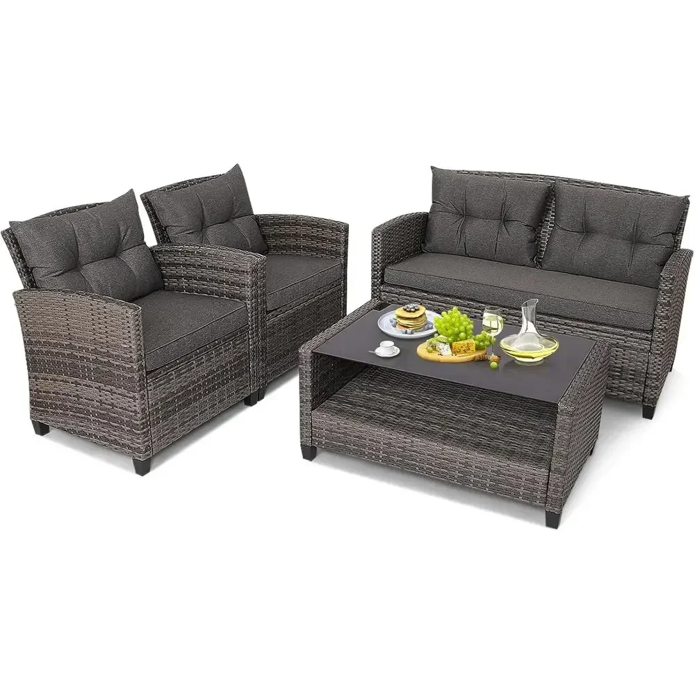Grey Outdoor Patio Furniture Set: 4-Piece Wicker Rattan Chairs with Cushions and Glass Coffee Table