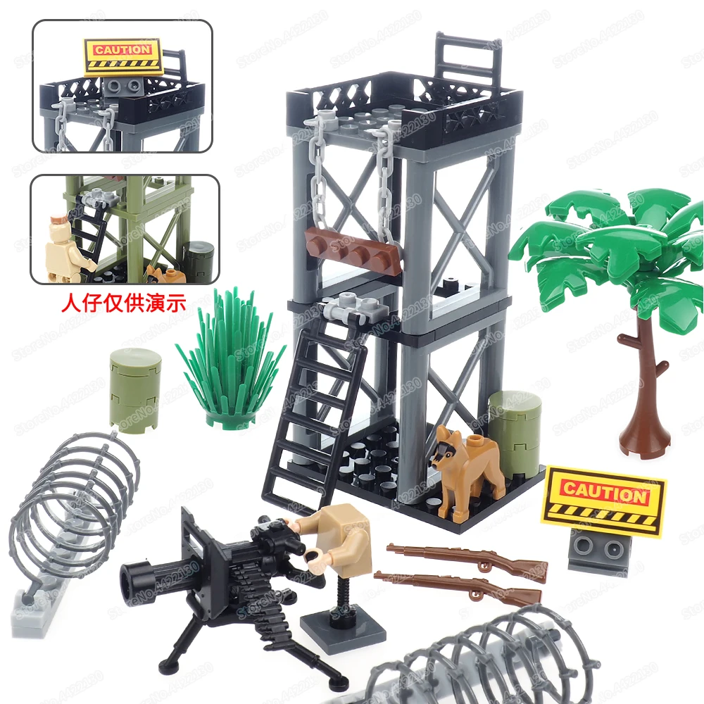 Military Lookout Hills Base Weapons Tower Building Block Assembled Figures WW2 Defense Defend Scenes Model Child Gifts Boy Toys