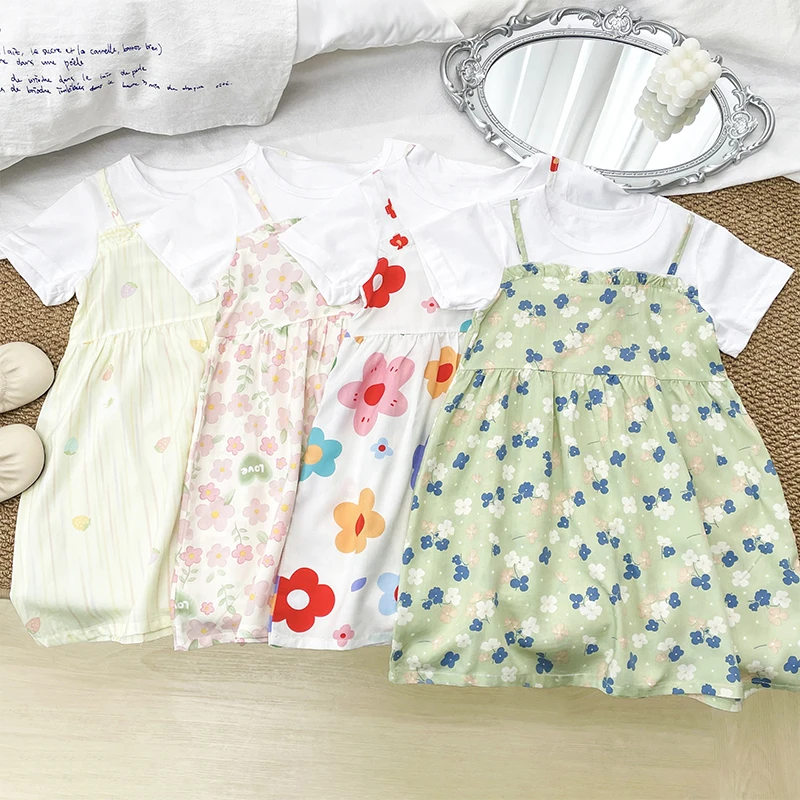 Girls' Short-Sleeved Dress 2026 Summer New Baby Girl Fake Two-Piece Shoulder Strap Fashionable Floral Princess Skirt