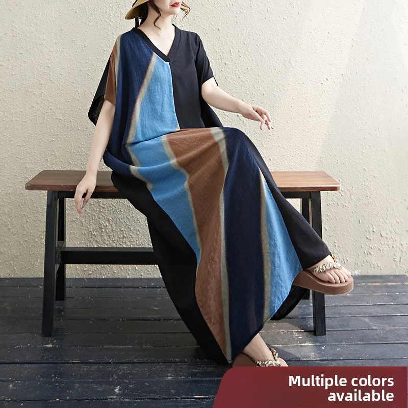 

V-Ne Batwing Sve Long Dr Ультра-длинная смесь хлопка и льна ort Sve Color Blo plus Size Женская повседневная летняя одежда Dr