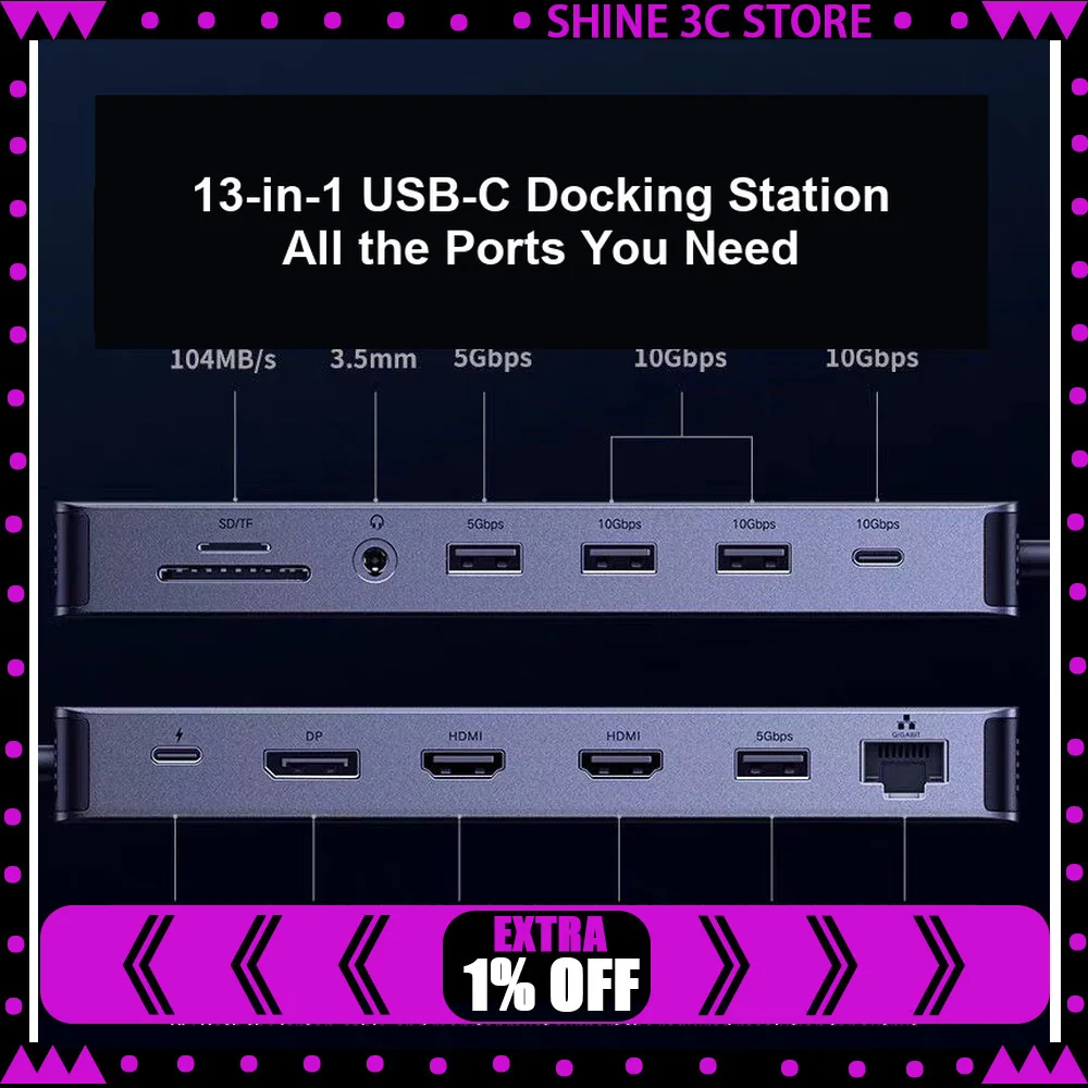 UGREEN CM681 15978 13-in-1 USB C Docking Station Quad Display Dual HDMI DisplayPort 10Gbps USB Gigabit Ethernet 100W PD.