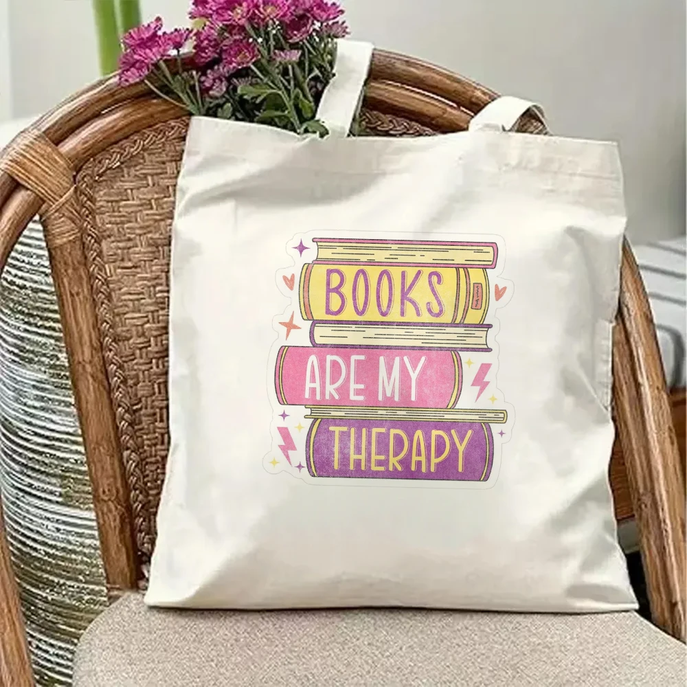 

Cute Books Are My Therapy Canvas Tote Bag Retro Typography Print Reusable Shopping Grocery Shoulder Handbag For Teacher