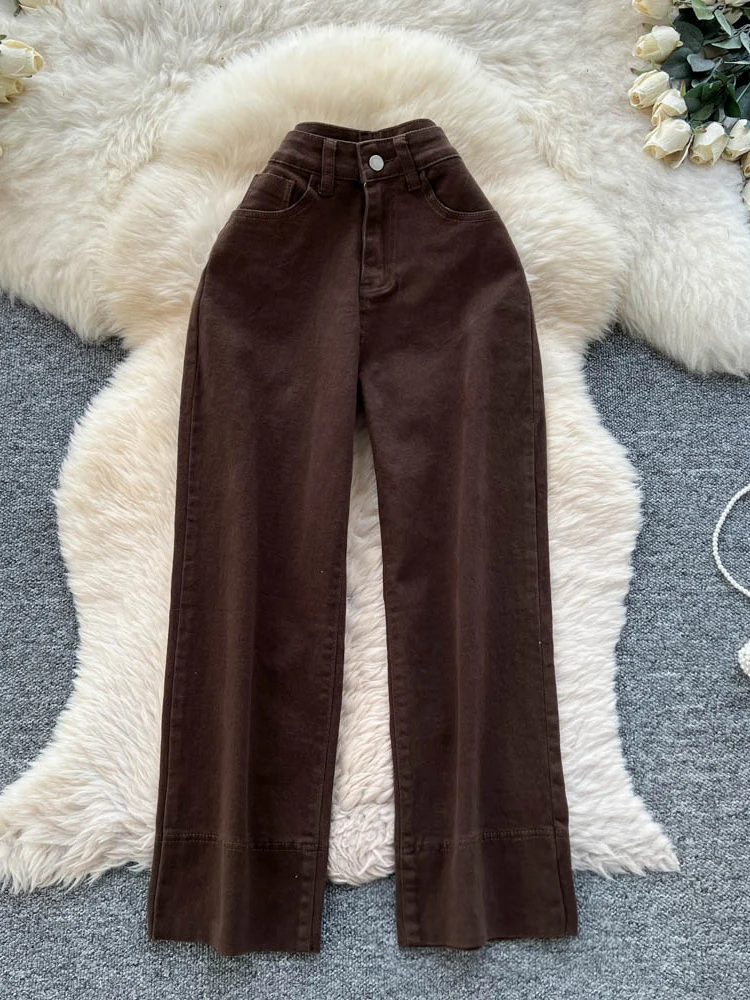 

Ce коричневые джинсы с высокой талией в Корейском стиле, простой универсальный дизайн, осень-зима, Новое поступление, эффект похудения