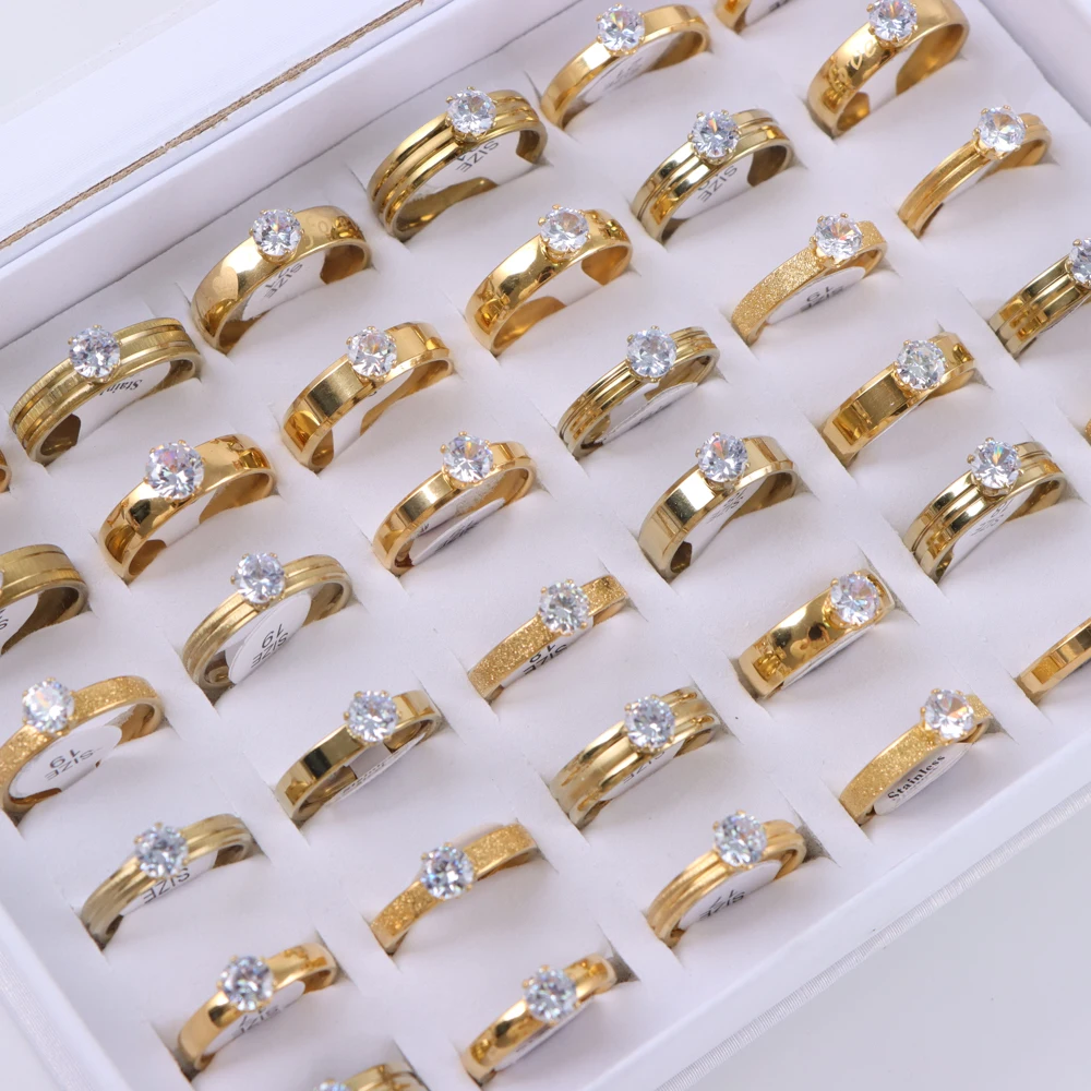 10/20/30/50Pcs/Lot Fashion Elegant Inlaid Stainless Steel Ring With Rhinestone High-end Women\'s Proposal Engagement Jewelry Gift