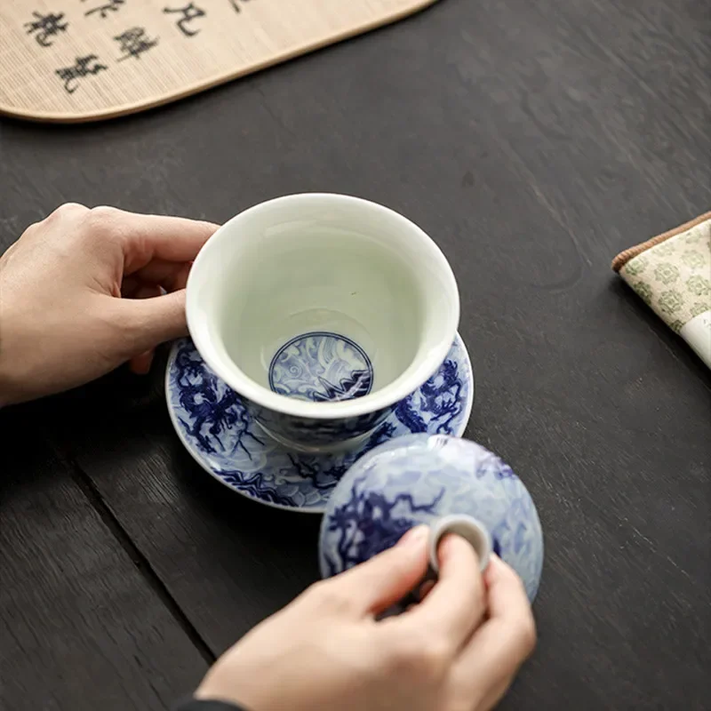 Miyayan Style Ceramic Gaiwan Teacup Handmade Chinese Dragon Pattern Tea Tureen Bowl Retro Porcelain Teaware Accessories 150ml