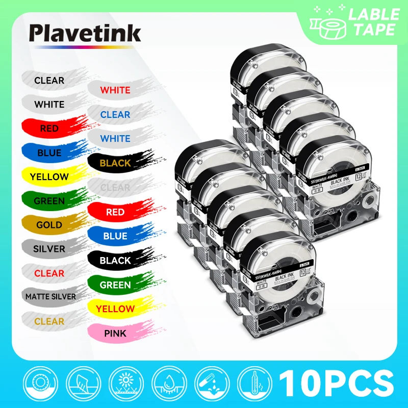 

PLAVETINK 10PK 12mm Label Tape SS12KW Black on White LC-4WBN Cartridge Tape Compatible for Epson LW-400 KingJim SR55 Label Maker