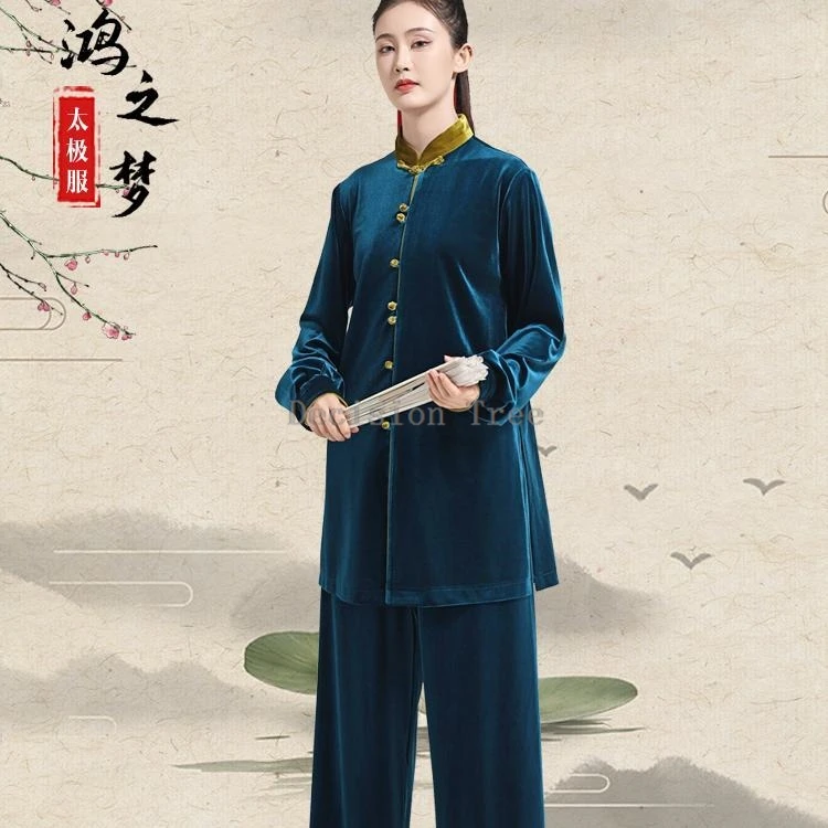 2025 autumn winter chinese retro style women men's tai chi performance sets suits velvet thicked martial arts daily practice set