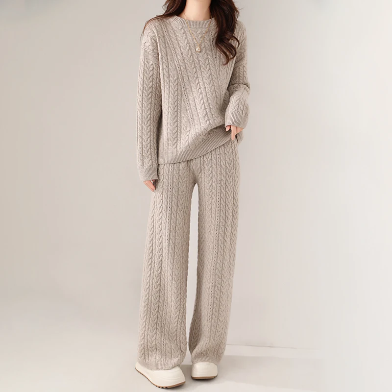 Autumn Winter Thick Women 100% Merino Wool Sweater & Trousers Set O-neck Knit Twist Braid Sweater Wide-leg Pants Two Pieces Set