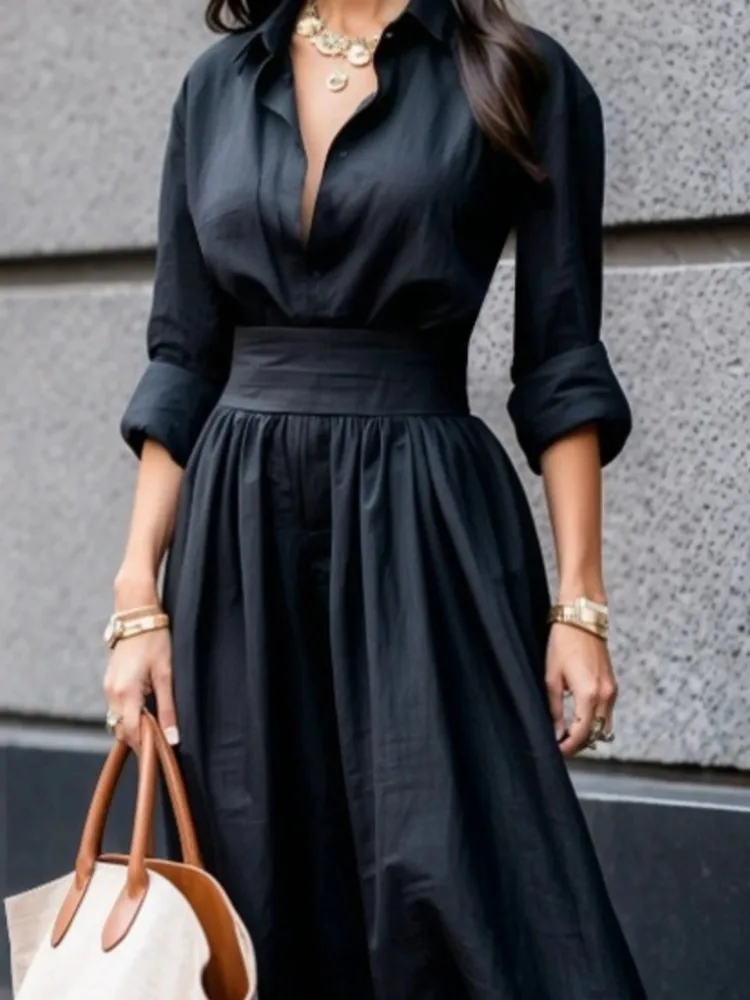 Vestido camisero de Color liso ajustado a la moda con solapa de verano, vestido largo elegante de manga larga con cuello en V atado en la cintura, ropa de oficina para mujer