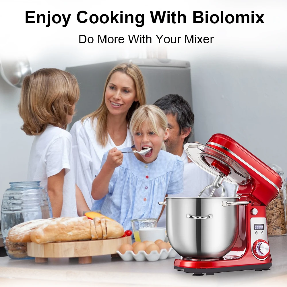 BioloMix 6-Gang-Standmixer für die Küche, 1200 W DC, leiser Motor, 6 l Edelstahlschüssel mit Sahne-Ei-Schneebesen, Peitsche, Teigkneter – Detail 1