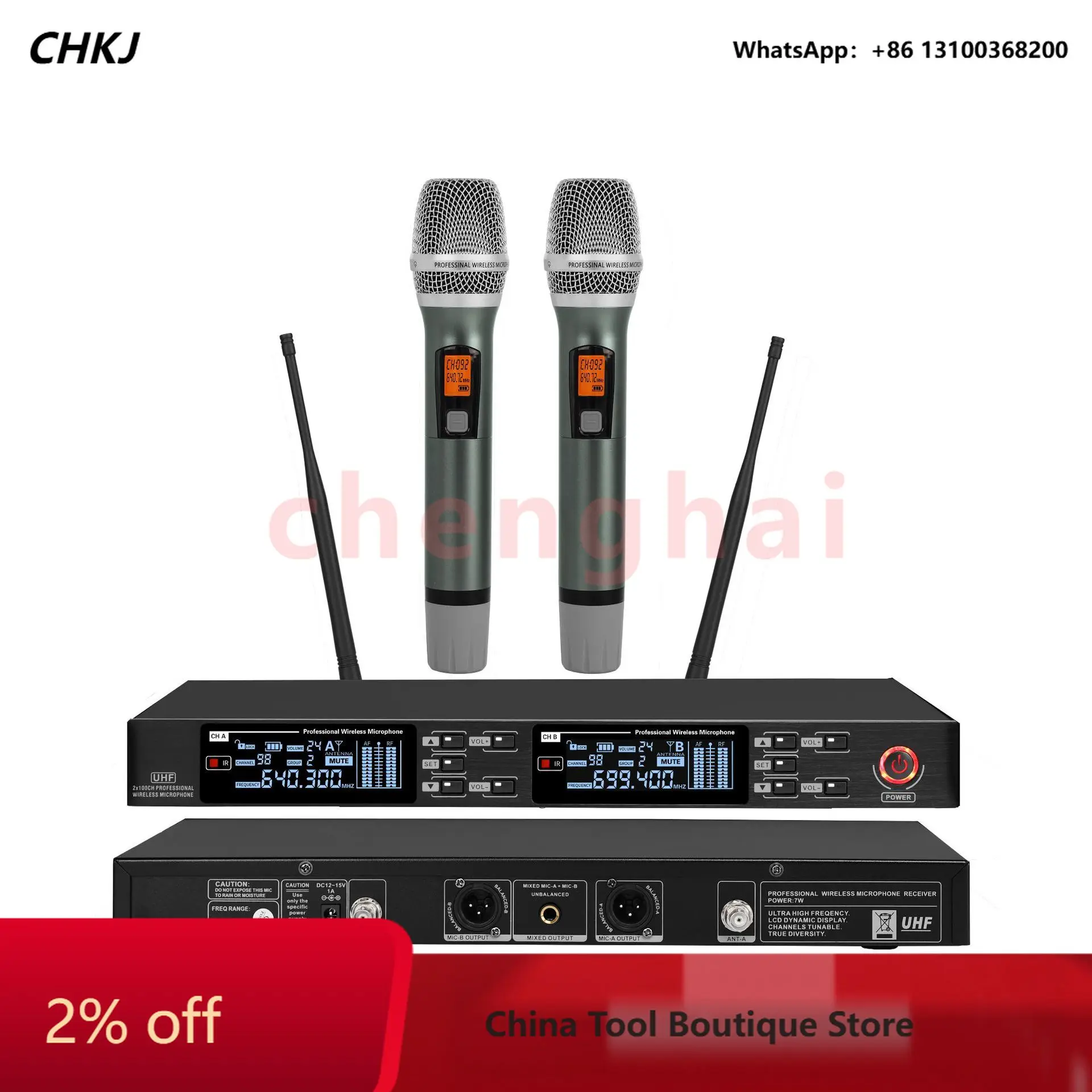 infrared frequency‑pairing wireless 2‑channel microphone for KTV and stage use, with lapel, headset and conference