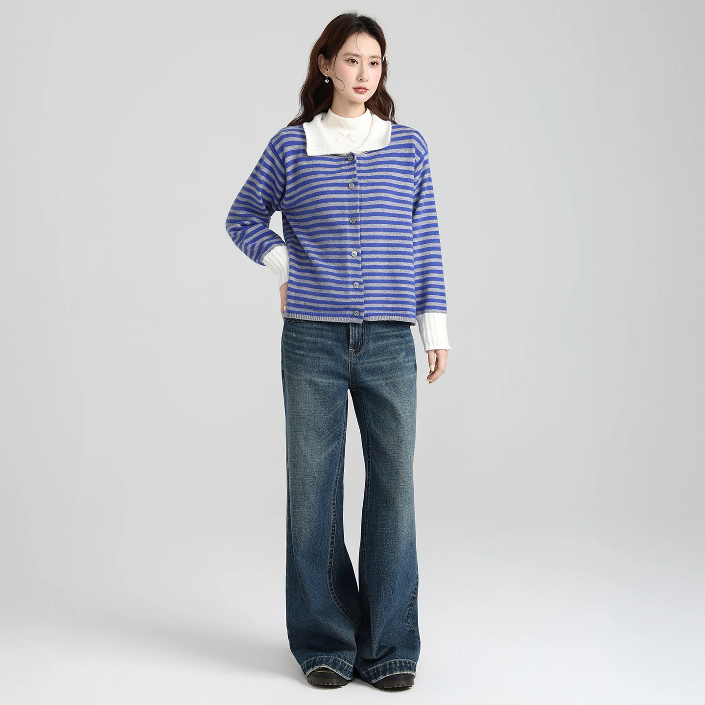 Color Blocking Striped Polo Collar Long Sleeved Knitted Cardigan for Women, Autumn Loose and Lazy Sweater Jacket