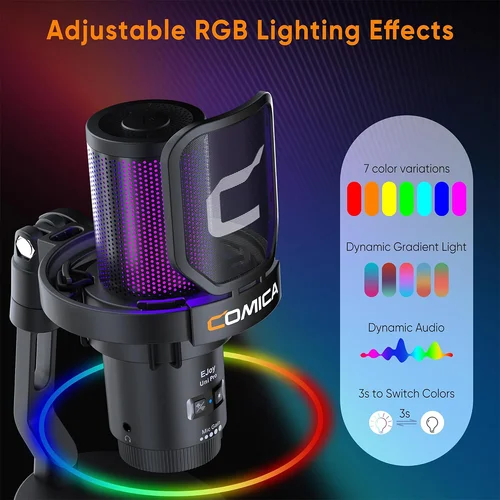 Imagen 2 del producto COMICA Uni Pro Micrófono inalámbrico USB para juegos para PC, portátil, teléfono inteligente, cancelación de ruido, micrófono condensador con luces RGB